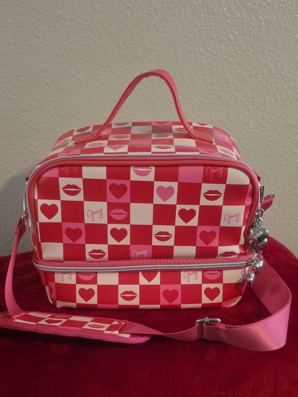Juicy Couture Pink and Red Checkerboard Cosmetic Bag